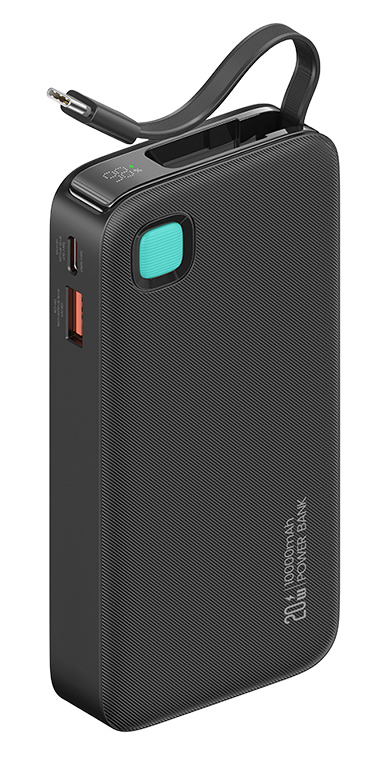 USAMS power bank CD224 με καλώδιο USB-C, 2x θύρες εξόδου, 10000mAh, 20W, μαύρο