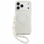 Θήκη PU/ Silicon Guess Magsafe Apple iPhone 18 Pro Max/ 17 Pro Max IML Flowers με Pearl Strap Λευκό