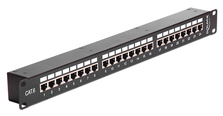 43295.jpg DELOCK patch panel 43295, 19"/1U, CAT 6, 24x coupler RJ45 ports, μαύρο
