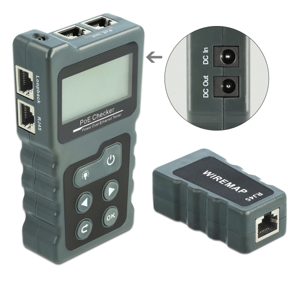 63110.jpg DELOCK tester καλωδίων με οθόνη 63110, RJ45, PoE, DC, γκρι