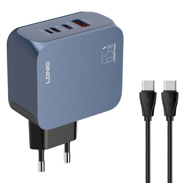 LDNIO φορτιστής τοίχου Q7 με καλώδιο USB-C, USB/Lightning/2x USB-C, GaN, 65W, μπλε