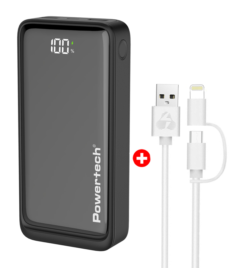 POWERTECH power bank PT-1327 με οθόνη & MFi καλώδιο USB σε Micro/Lightning, 20000mAh