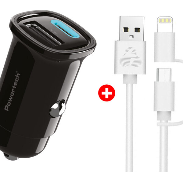 POWERTECH φορτιστής αυτοκινήτου με καλώδιο MFi USB σε micro USB/Lightning BNDL-0206, USB & USB-C, 30W, μαύρο/λευκό