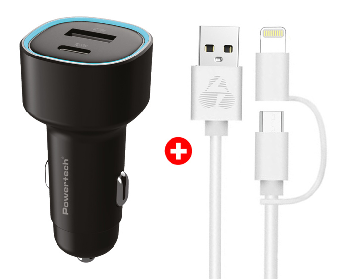 BNDL-0207.jpg POWERTECH φορτιστής αυτοκινήτου με καλώδιο MFi USB σε micro USB/Lightning BNDL-0207, USB & USB-C, 85W, μαύρο/λευκό