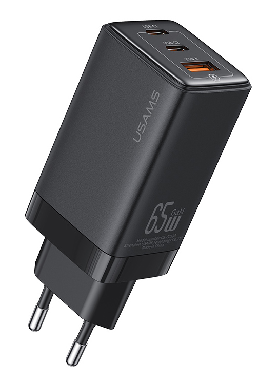 CC180TC01.jpg USAMS φορτιστής τοίχου US-CC180, USB & 2x USB-C, 65W PD, GaN, μαύρος