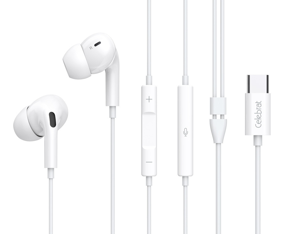 E300-WH.jpg CELEBRAT earphones με μικρόφωνο E300, USB-C σύνδεση, Φ10mm, 1.2m, λευκά