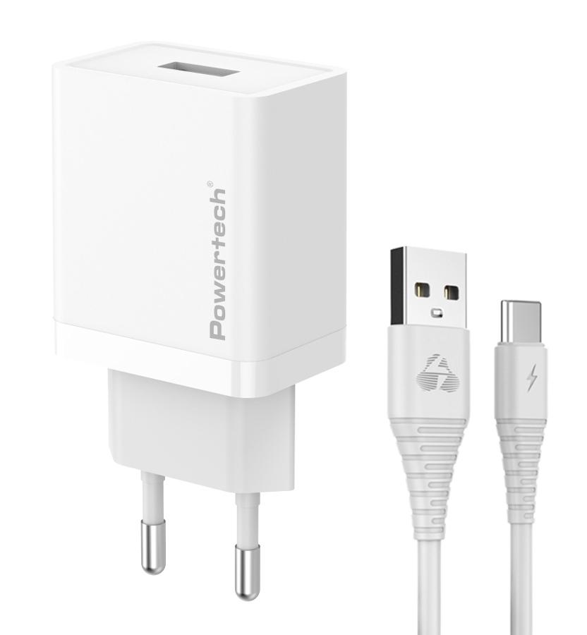 PT-1322.jpg POWERTECH φορτιστής τοίχου PT-1322 με καλώδιο USB-C, USB, 12W, λευκός