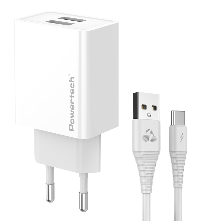PT-1324.jpg POWERTECH φορτιστής τοίχου PT-1324 με καλώδιο USB-C, 2x USB, 12W, λευκός