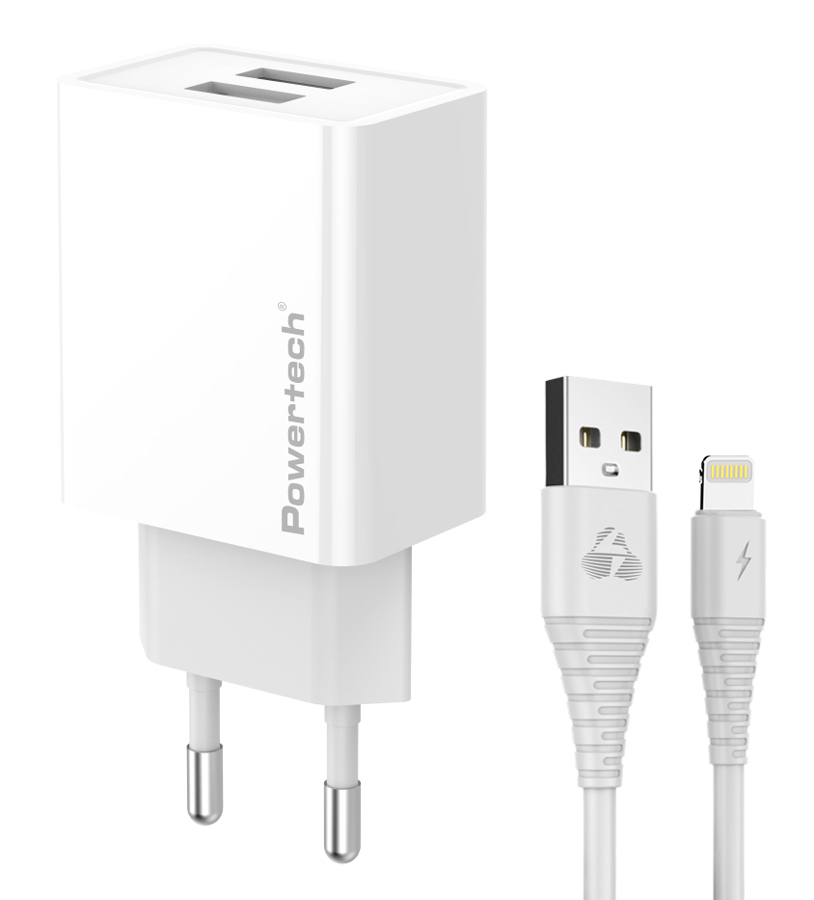 PT-1325.jpg POWERTECH φορτιστής τοίχου PT-1325 με καλώδιο Lightning, 2x USB, 12W, λευκός