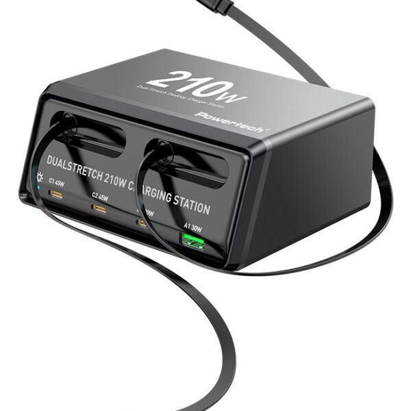 POWERTECH σταθμός φόρτισης PT-1623, USB/3x USB-C/2x USB-C καλώδια, GaN, 160W, μαύρος