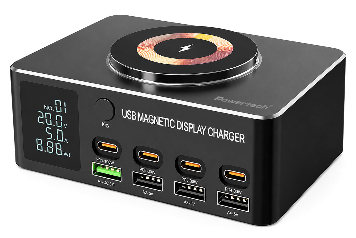 PT-1625.jpg POWERTECH σταθμός φόρτισης PT-1625 με οθόνη, 4x USB/4x USB-C/wireless, 140W, μαύρος