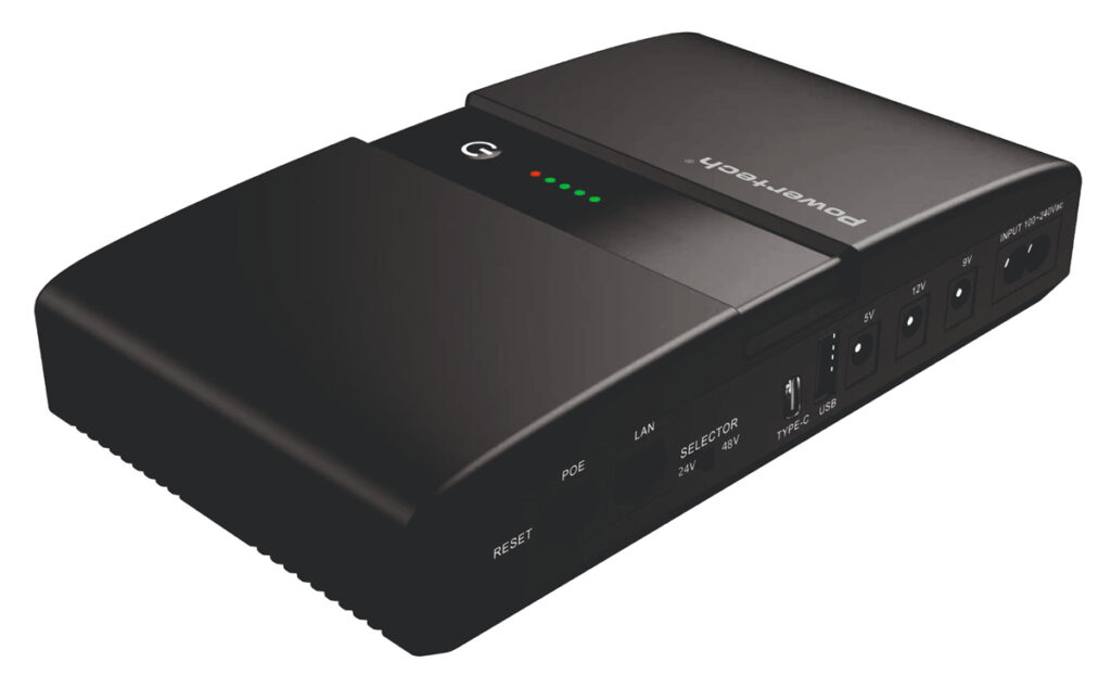 POWERTECH mini DC UPS PT-1634, 36W, 20000mAh, 3x DC, USB/USB-C, PoE/LAN, μαύρο