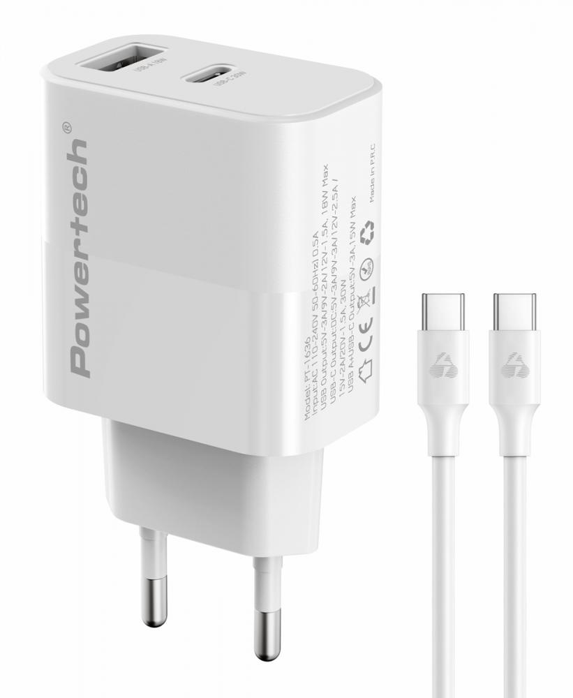 PT-1636.jpg POWERTECH φορτιστής τοίχου PT-1636 με καλώδιο, USB/USB-C, 30W, GaN, λευκός