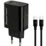 POWERTECH φορτιστής τοίχου PT-1638 με καλώδιο, USB/USB-C, 30W, GaN, μαύρος