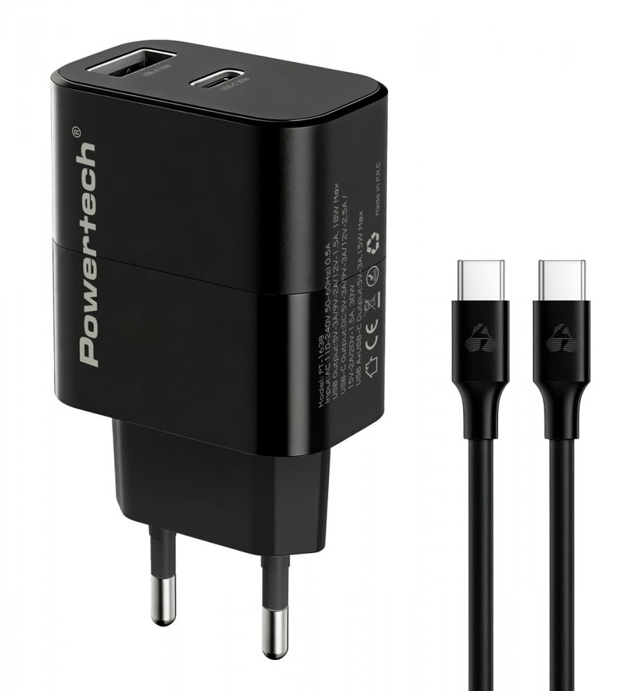 PT-1638.jpg POWERTECH φορτιστής τοίχου PT-1638 με καλώδιο, USB/USB-C, 30W, GaN, μαύρος