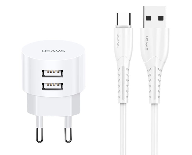 XTXLOGT18TC05.jpg USAMS φορτιστής τοίχου T20 & καλώδιο type-C, 2x USB, 2.1A, λευκός