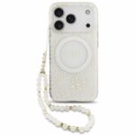 Θήκη PU/ Silicon Guess Magsafe Apple iPhone 18 Pro/ 17 Pro IML Flowers με Pearl Strap Λευκό