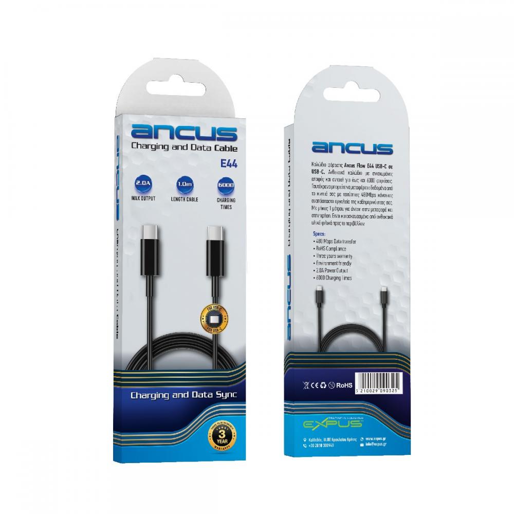 Καλώδιο Σύνδεσης και Φόρτισης Ancus Flow E44 USB-C σε USB-C 2.0A 480Mbps Data Transfer Μαύρο 1m