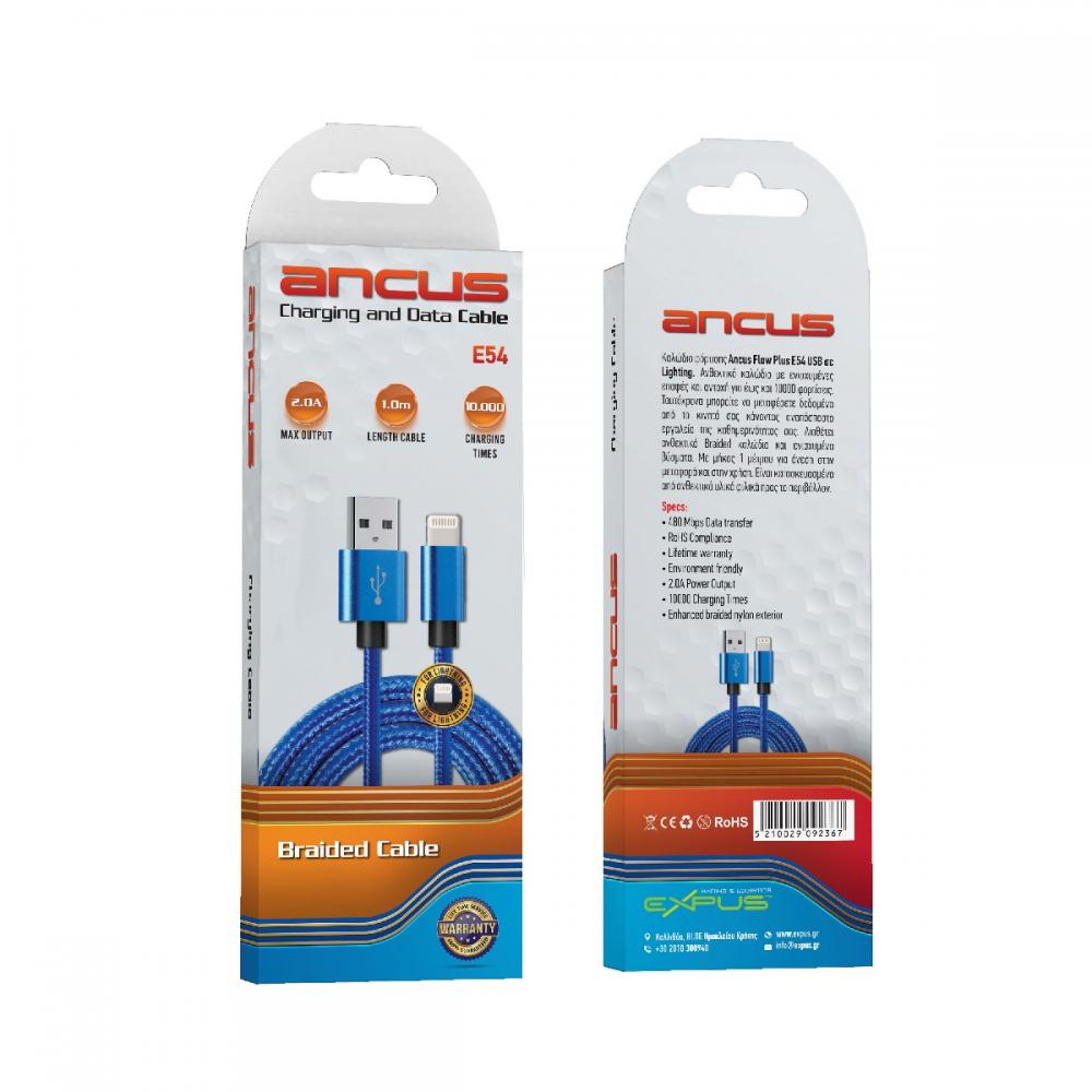 Καλώδιο Σύνδεσης και Φόρτισης Ancus Flow Plus E54 USB σε Lighting 2.0A με Braided Καλώδιο Μπλε 1m Με 5 Χρονια Εγγύηση