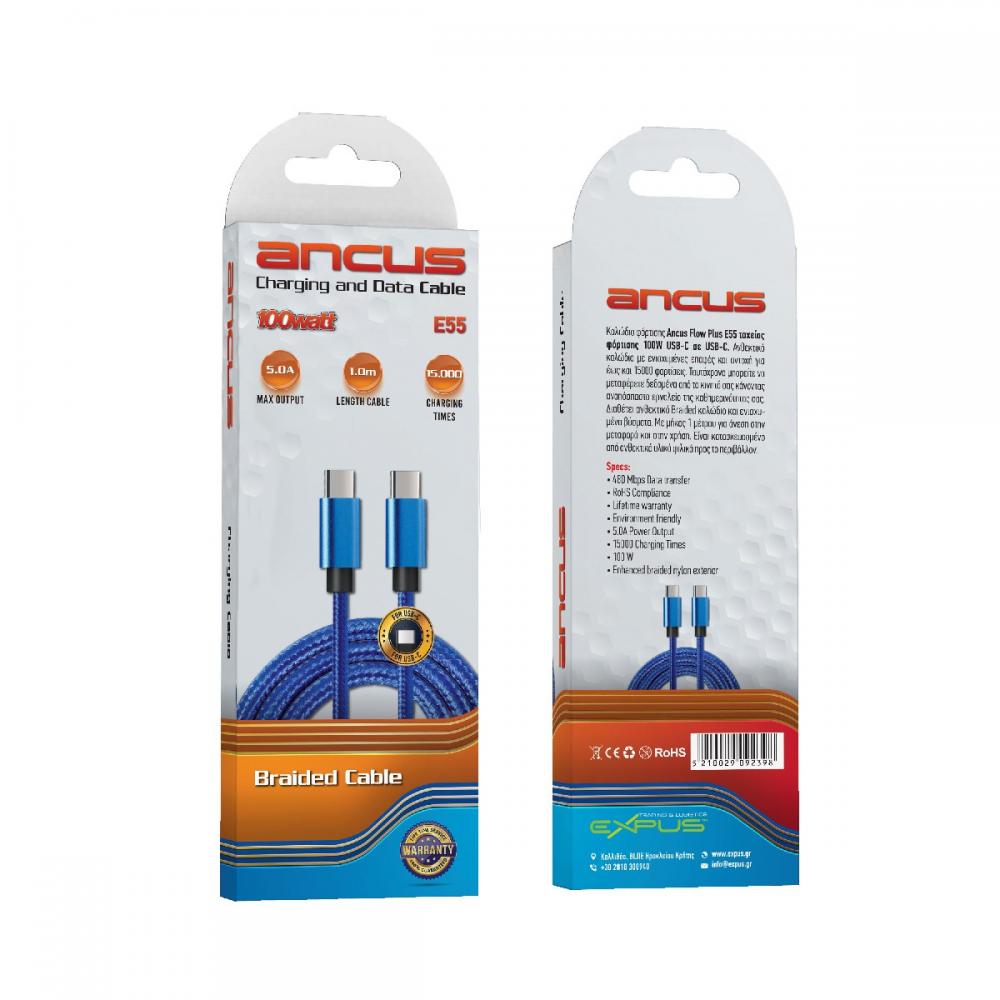 Καλώδιο Σύνδεσης και Φόρτισης Ancus Flow Plus E55 Fast Charge USB-C σε USB-C 5.0A PD100W με Braided Καλώδιο Μπλε 1m Με 5 Χρονια Εγγύηση