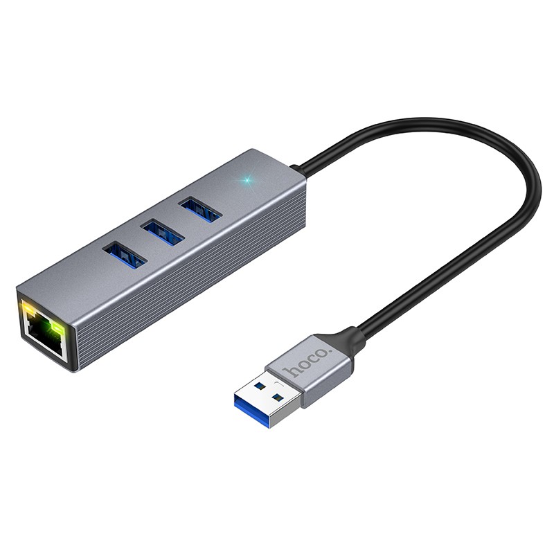 Αντάπτορας Hoco HB34 3 x USB σε USB 3.0 και RJ45 με Λειτουργία Μεταφοράς Δεδομένων 1000Mbps Γκρι