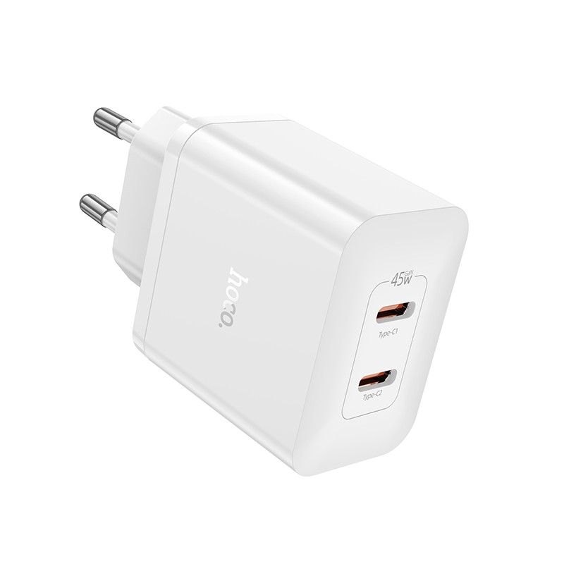 Φορτιστής Ταξιδίου Hoco N35 Streamer με 2 Εξόδους Φόρτισης USB-C Συνολικά PD45W GaN Tech Λευκός