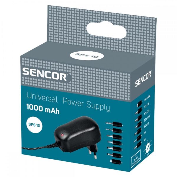 Universal Φορτιστής Sencor SPS 10 1000mAh με Αποσπόμενα Βύσματα MicroUSB, 5.5 x 1.5, 5.5 x 2.5, 3.5 x 1.35, 5.0 x 2.1, 2.5mm, 3.5mm
