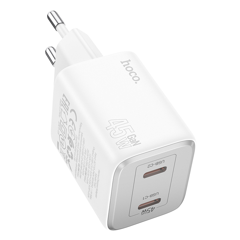 Φορτιστής Ταξιδίου Hoco N42 Elogiado Small Body με 2 Εξόδους Φόρτισης USB-C PD45W Λευκός