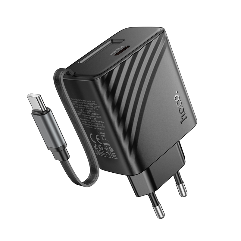 Φορτιστής Ταξιδίου Hoco N58 PD30W GaN με 1χUSB-C Θύρα και Αναδιπλούμενο Καλώδιο 65cm Μαύρος