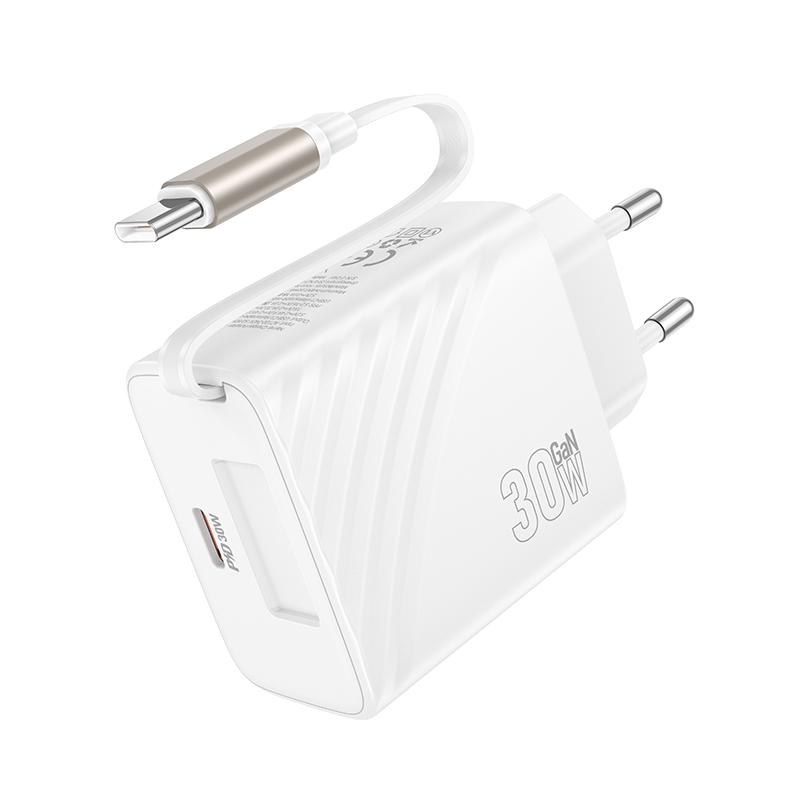 Φορτιστής Ταξιδίου Hoco N58 PD30W GaN με 1xUSB-C Θύρα και Αναδιπλούμενο Καλώδιο USB-C 65cm Λευκός