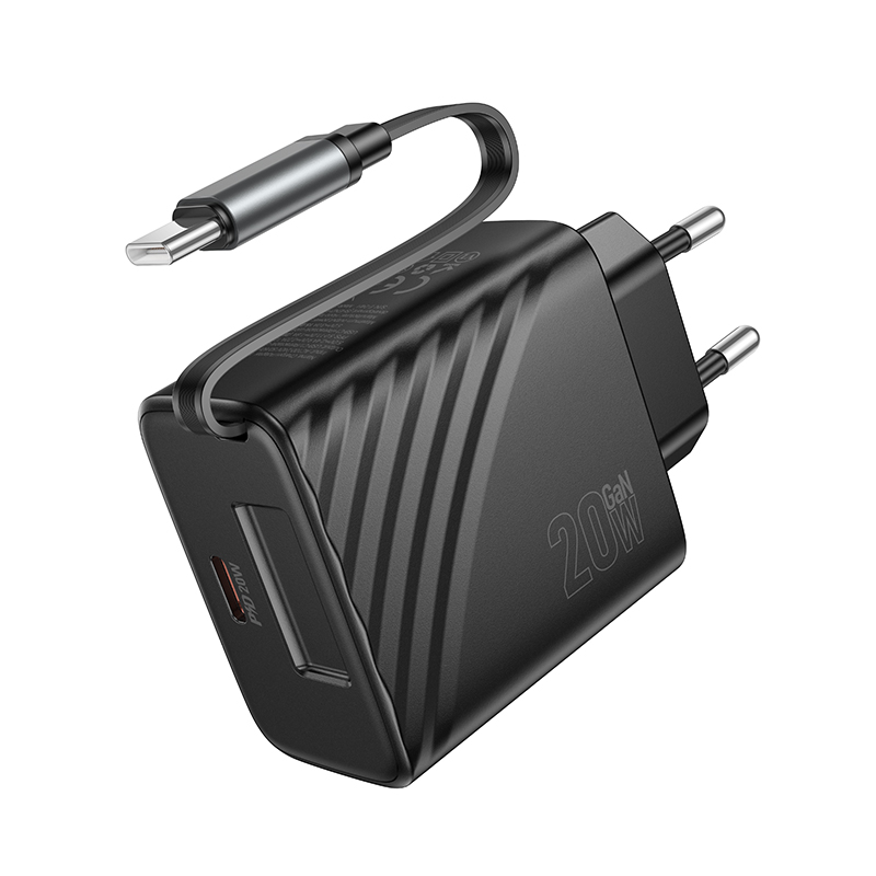 Φορτιστής Ταξιδίου Hoco N57 GaN PD20W με 1xUSB-C Θύρα και Αναδιπλούμενο Καλώδιο 65cm Μαύρος
