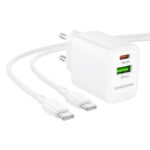 Φορτιστής Ταξιδίου Borofone BN29 Fuente GaN με 1xUSB-C PD30W και 1xUSB-A QC3.0A + Καλώδιο Φόρτισης USB-C σε USB-C Λευκός