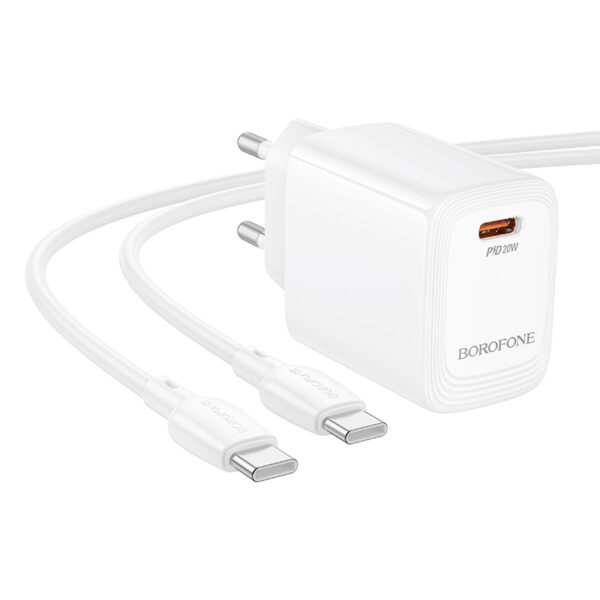Φορτιστής Ταξιδίου Borofone BN26 Fuente Mini Size GaN USB-C PD20W + Καλώδιο Φόρτισης USB-C σε USB-C Λευκός