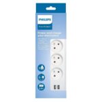 Πολύπριζο Philips SPN3032WA/19 με 3 Θύρες Εισαγωγής Σούκο Διακόπτη On/Off και 2 Θύρες USB Καλώδιο 2m Λευκό