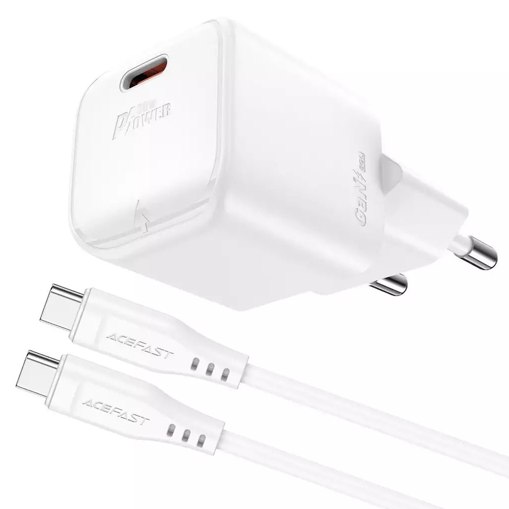 Φορτιστής Ταξιδίου Acefast A77 Mini Fast Charging 1xUSB-C PD30W QC3.0 GaN Λευκός + Καλώδιο USB-C σε USB-C