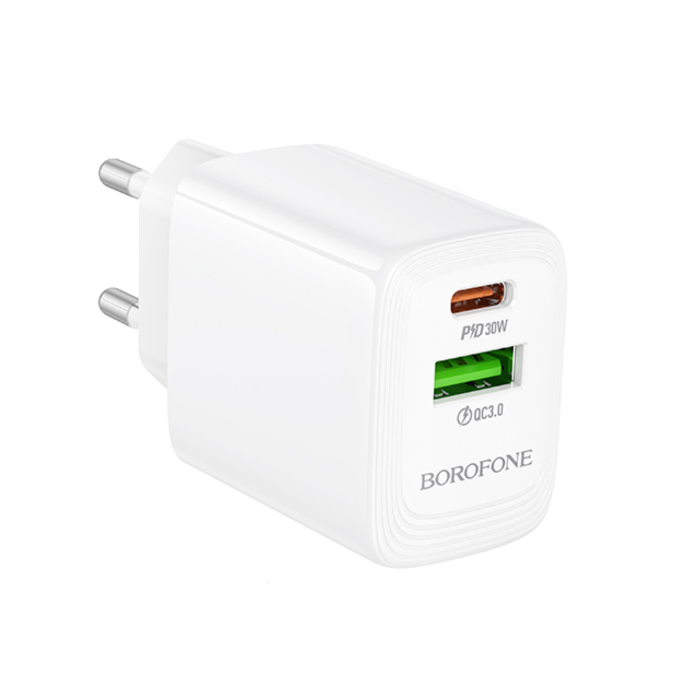 Φορτιστής Ταξιδίου Borofone BN29 Fuente GaN με 1xUSB-C PD30W και 1xUSB-A QC3.0A Λευκός
