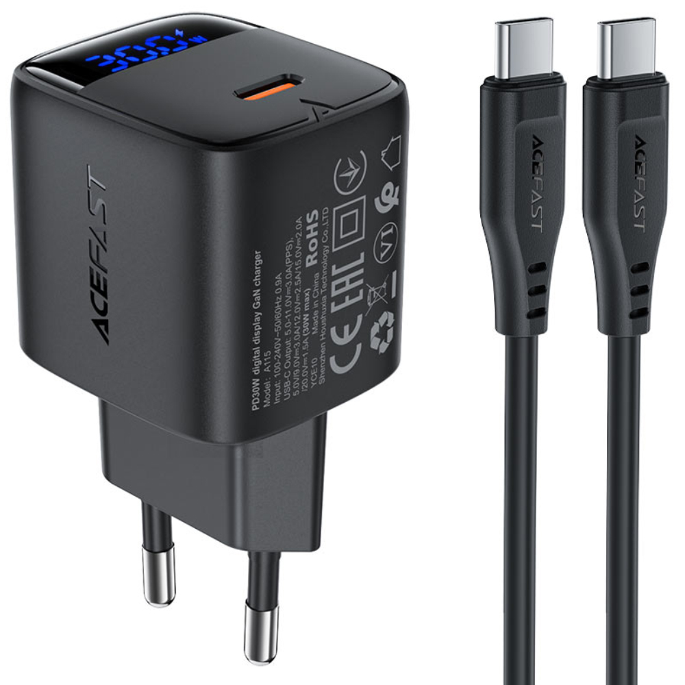 Φορτιστής Ταξιδίου Acefast A115 Fast Charging USB-C PD30W 3.0A GaN με LED Ένδειξη Φόρτισης + Καλώδιο USB-C σε USB-C Μαύρος