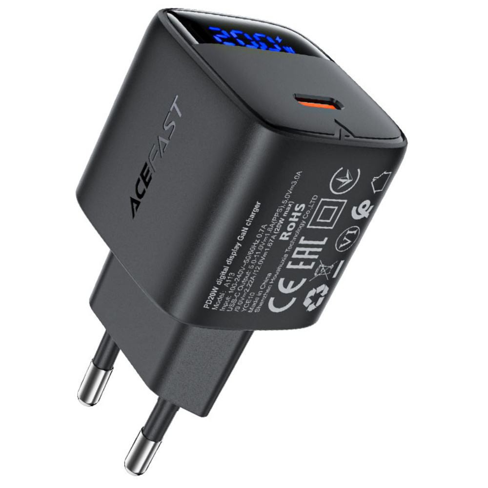 Φορτιστής Ταξιδίου Acefast A113 Fast Charging USB-C PD20W GaN με Digital Ένδειξη Φόρτισης Μαύρος