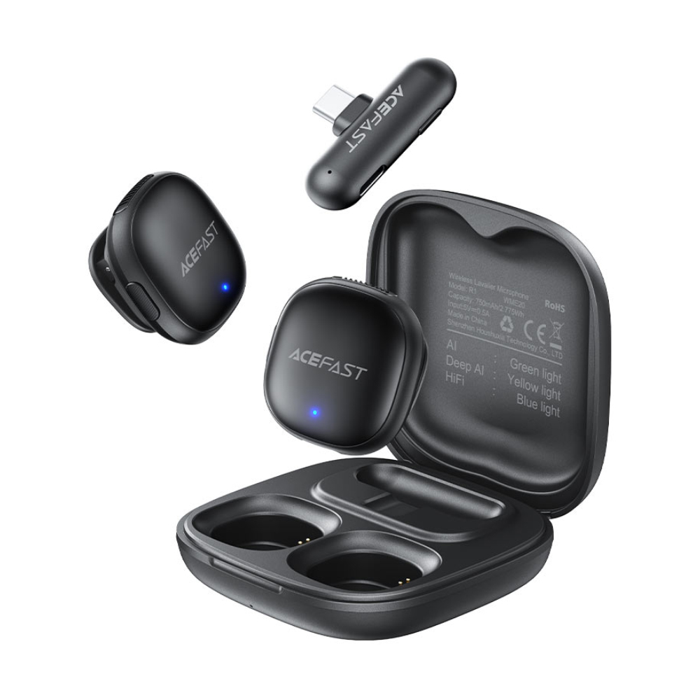 Σετ 2 Μικρόφωνα Πέτου Lavalier Acefast R1 HD AI Μείωση Θορύβου Ακτίνα 50m και Μπαταρία 48hr με USB-C Transmitter και Θήκη Φόρτισης Μαύρο
