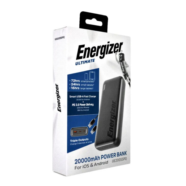 Power Bank Energizer UE20055PQ 20000mAh PD22.5W Fast Charge με 2xUSB-C 1xUSB-A και LED Ένδειξη Μπαταρίας Μαύρο