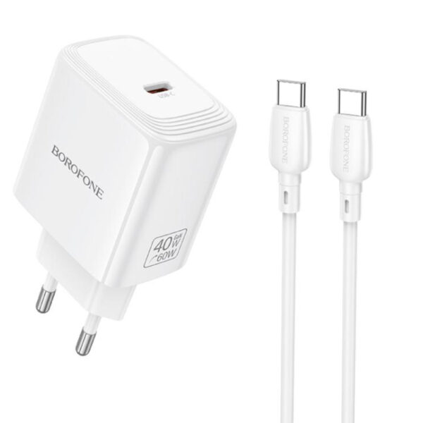 Φορτιστής Ταξιδίου Borofone BN33 Fuente GaN USB-C PD40W + Καλώδιο Φόρτισης USB-C σε USB-C Λευκός