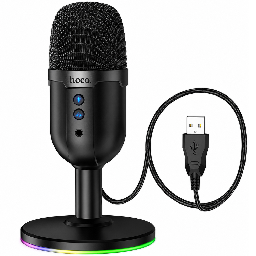 52334.jpg Επιτραπέζιο Μικρόφωνο Hoco L25 Bright για Streaming και Video Calls RGB USB AUX Πολυκατευθυντικό Μικρόφωνο Κουμπία Mute και Monitor Μαύρο