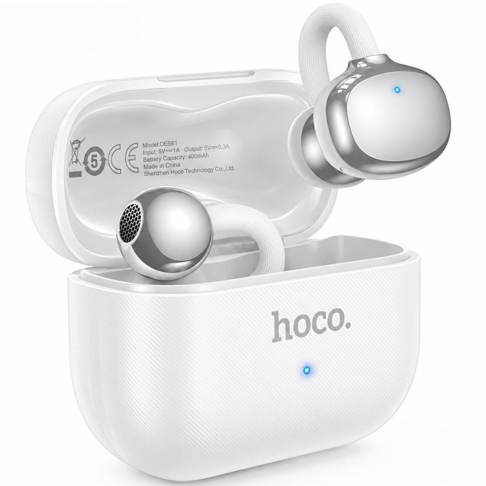 Wireless Hands Free Open-Ear Hoco. DES61 Cool TWS v6.0 250mAh 6h Ώρες Λειτουργίας Λευκά με Λευκό Silicon Sleeve