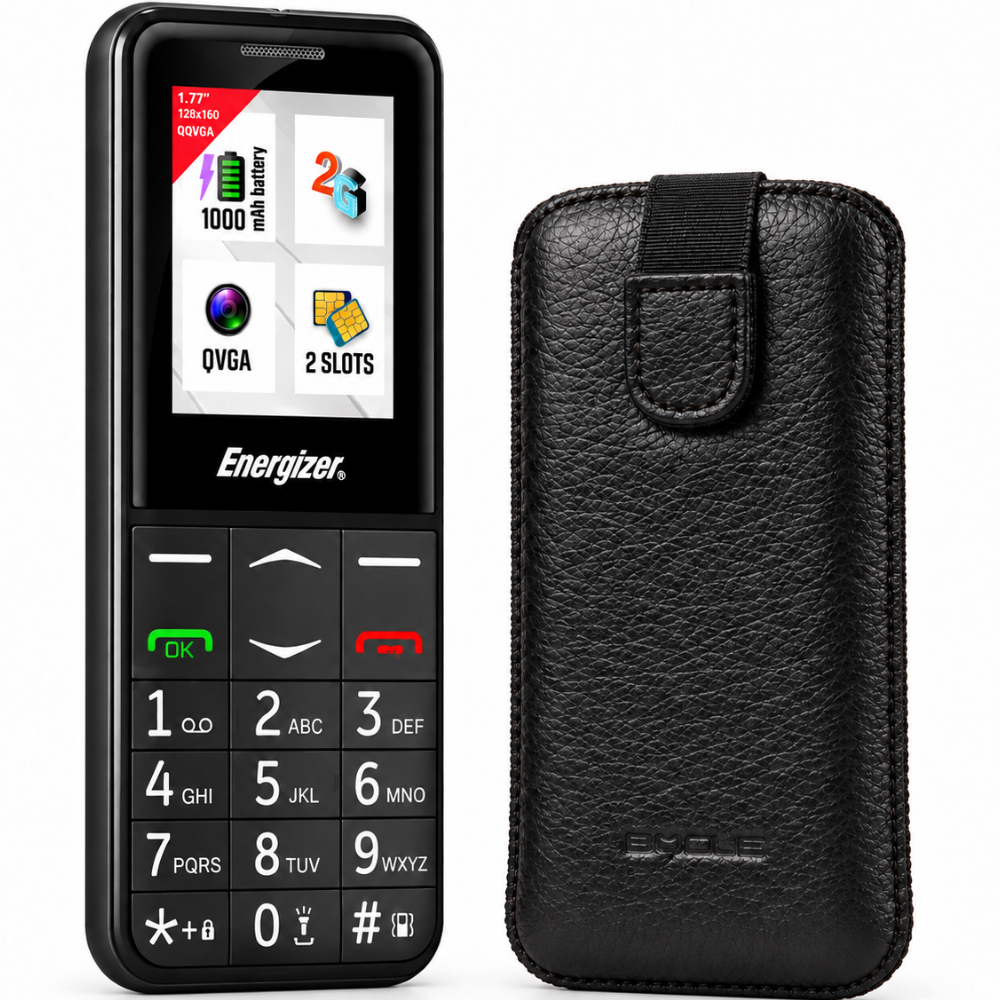 Energizer Feature E4 32MB/2GB Dual Sim 2G 1.77" με πλήκτρο SOS, Handsfree,Φορτιστή UK και EU + Θήκη Protect Ancus Δέρμα Μαύρη