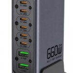 POWERTECH σταθμός φόρτισης PT-1621, 2x USB & 6x USB-C, GaN, 140W, γκρι