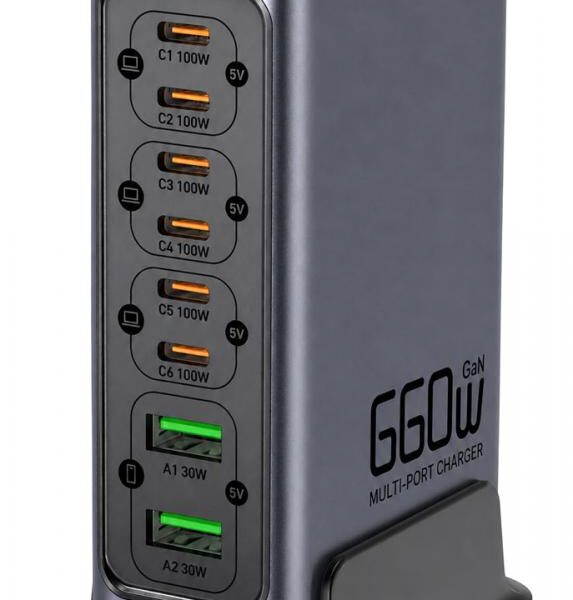 POWERTECH σταθμός φόρτισης PT-1621, 2x USB & 6x USB-C, GaN, 140W, γκρι