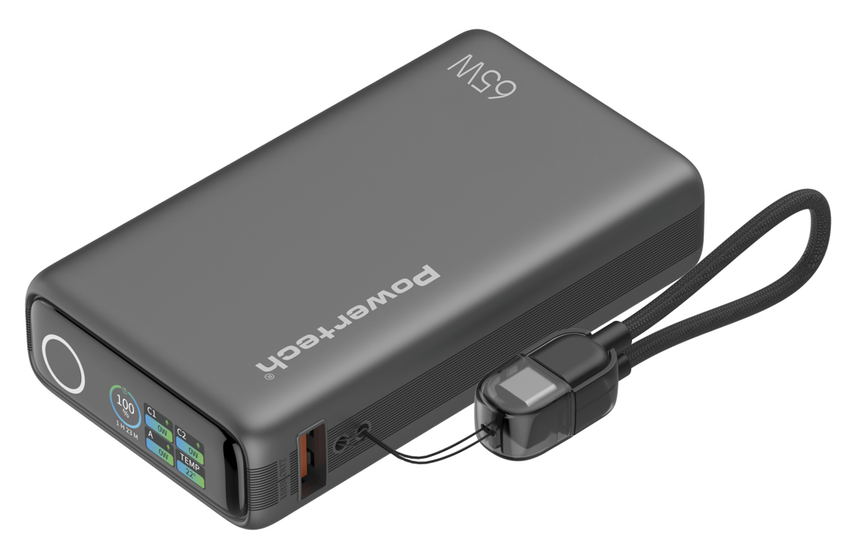 PT-1639.jpg POWERTECH power bank PT-1639 με οθόνη & καλώδιο, 10000mAh, 65W, γκρι