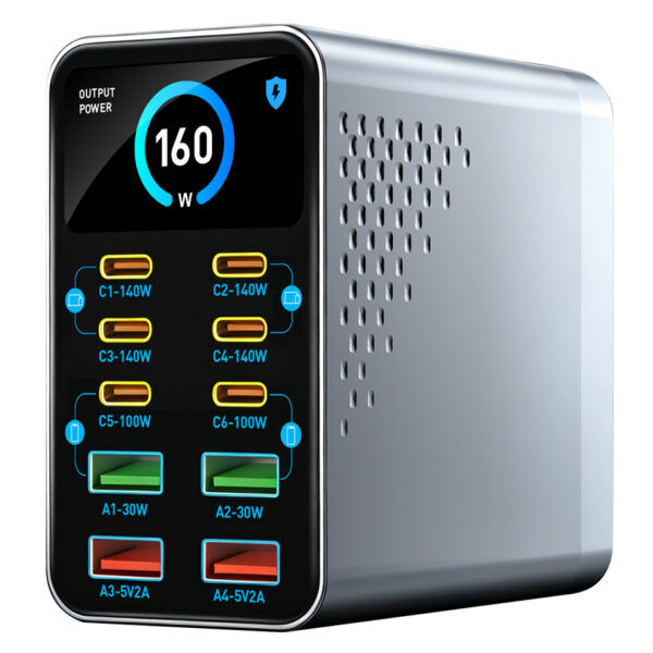 POWERTECH σταθμός φόρτισης PT-1687, 4x USB & 6x USB-C, GaN, 165W, γκρι