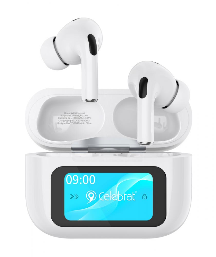 W63.jpg CELEBRAT earphones με θήκη φόρτισης W63, οθόνη αφής, TWS, ANC, 13mm, 30/360mAh, λευκό